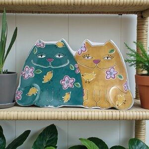 Vintage Whimsical Cats Flowers Birds Cottagecore Ceramic Spoon Rest Dish